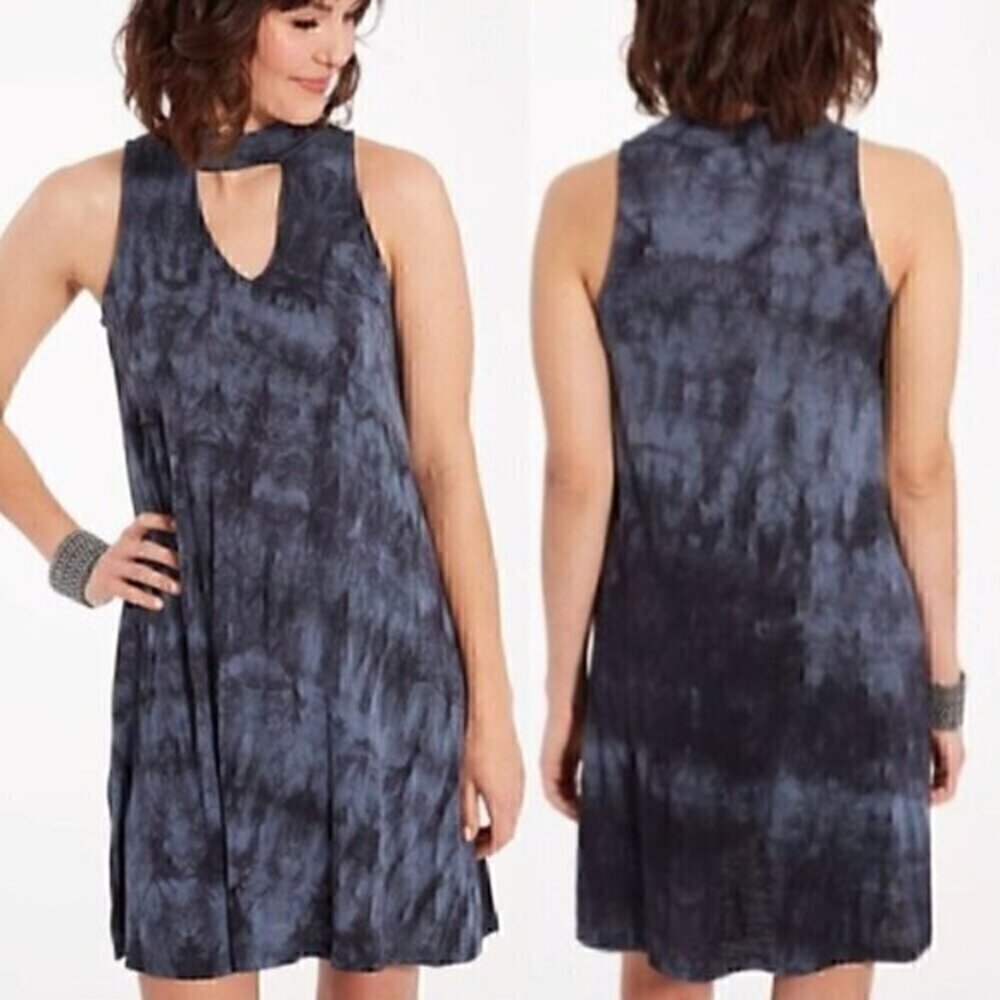 BRAEVE EVEREVER Tie Dye Swing Dress Blue Navy Sleeveless High Neck Cutout Mini
